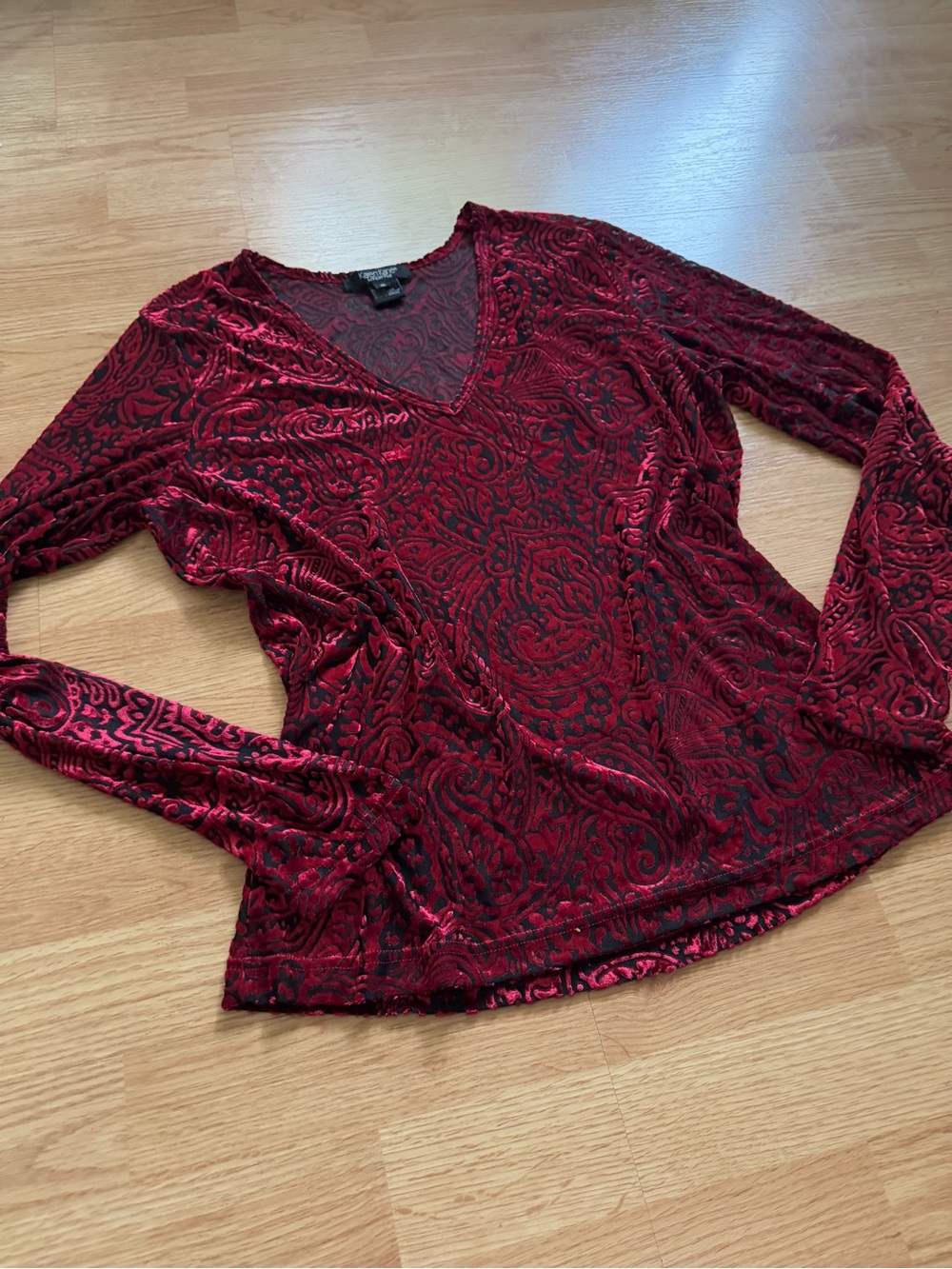 VTG Karen Kane Red Black Velvet Burnout Paisley Blouse Whimsigoth Y2K XL